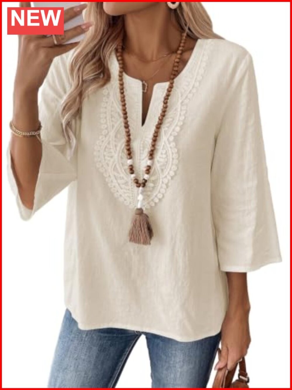 Women's V Neck 3/4 Sleeve Embroidered Lace Boho Tunic Top